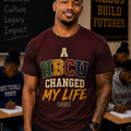 A HBCU Changed My Life tee, front chest varsity graphic with J.M.B.D. mark